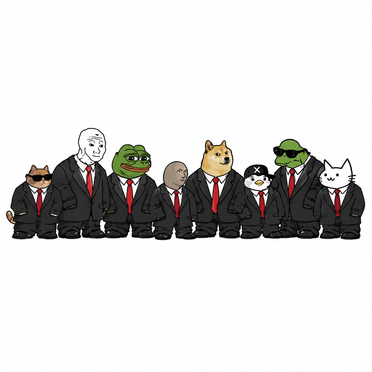 A lineup of iconic meme characters wearing black suits and red ties
